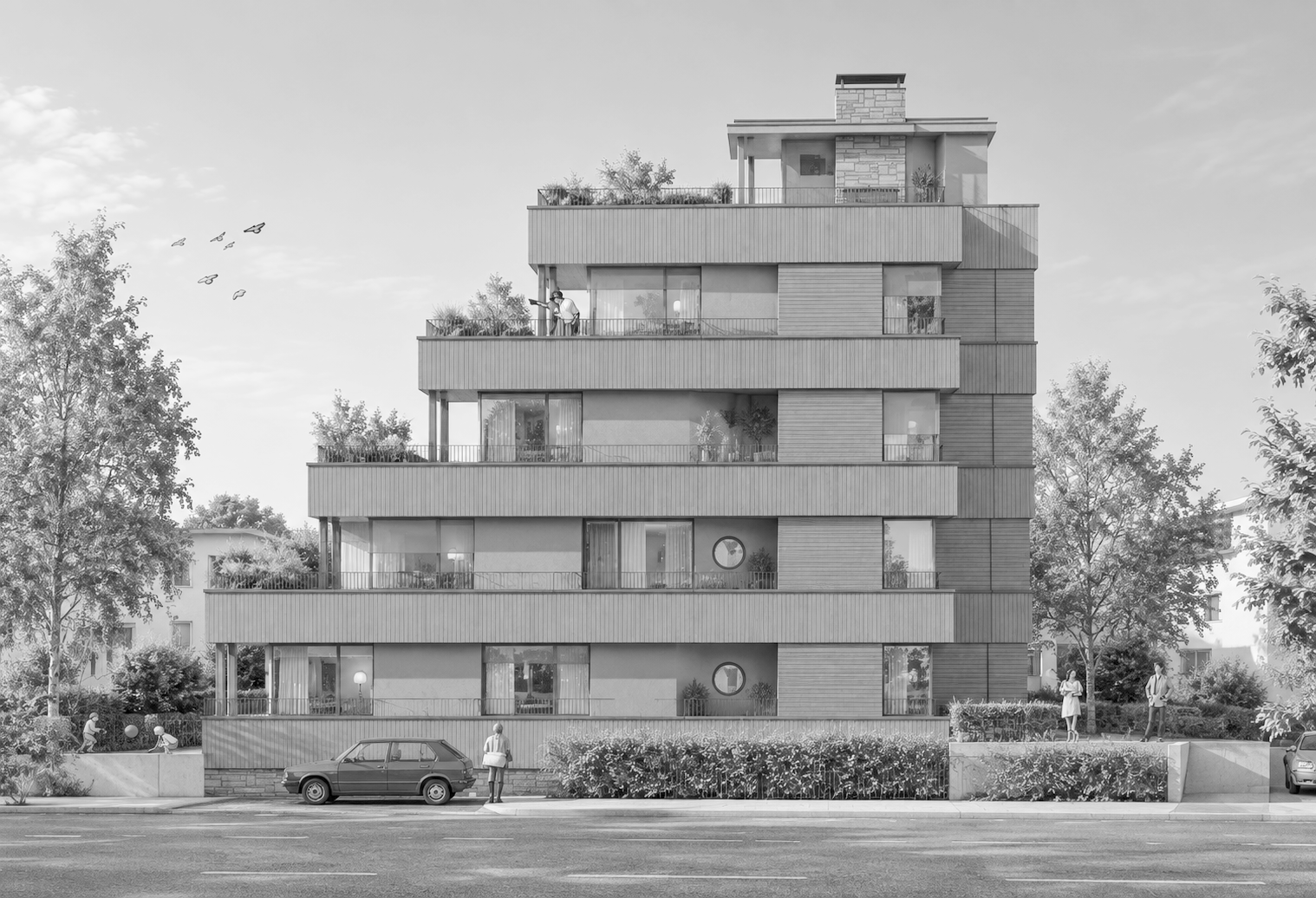 Skizze eines modernen Mehrfamilienhauses mit vier Stockwerken, Balkonen, Dachgarten und Bäumen im Umfeld, mit mehreren Menschen und Autos im Vordergrund.