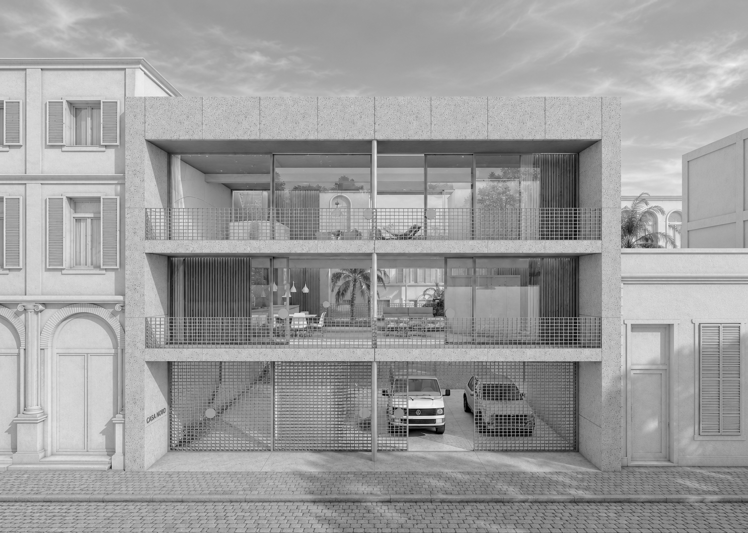 Mehrstöckiges modernes Gebäude mit Tiefgarage und Balkon, Blick von vorne.