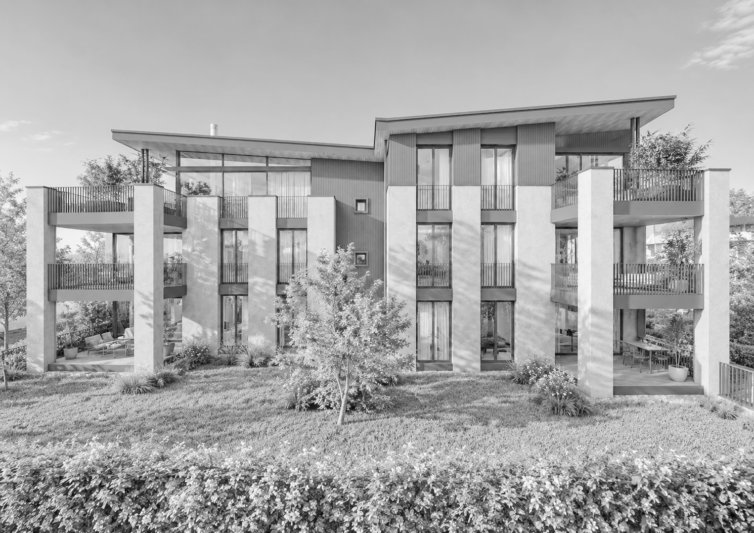 Zeichnung eines modernen Mehrfamilienhauses mit drei Etagen, Balkonen und großen Fenstern, umgeben von Bäumen und mit Menschen vor dem Gebäude.