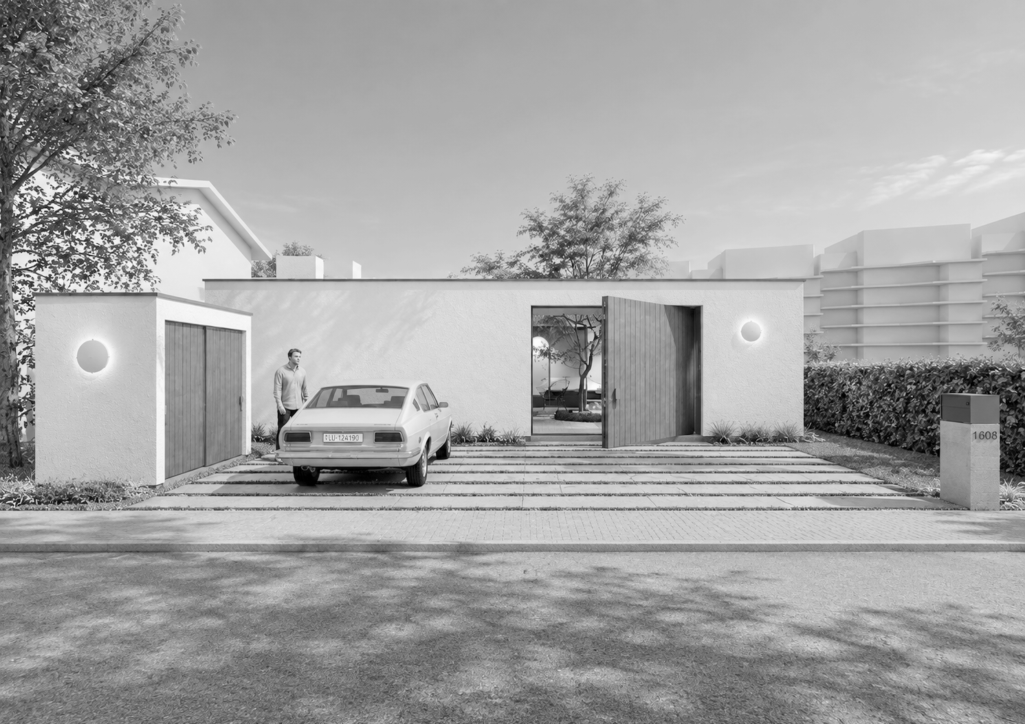 Moderne weiße Hausfassade mit offener Holztür, grafischem Design, Parkplatz mit einem Auto, Mensch neben Garage, Bäume und Pflanzen im Hintergrund, modernes Umfeld.