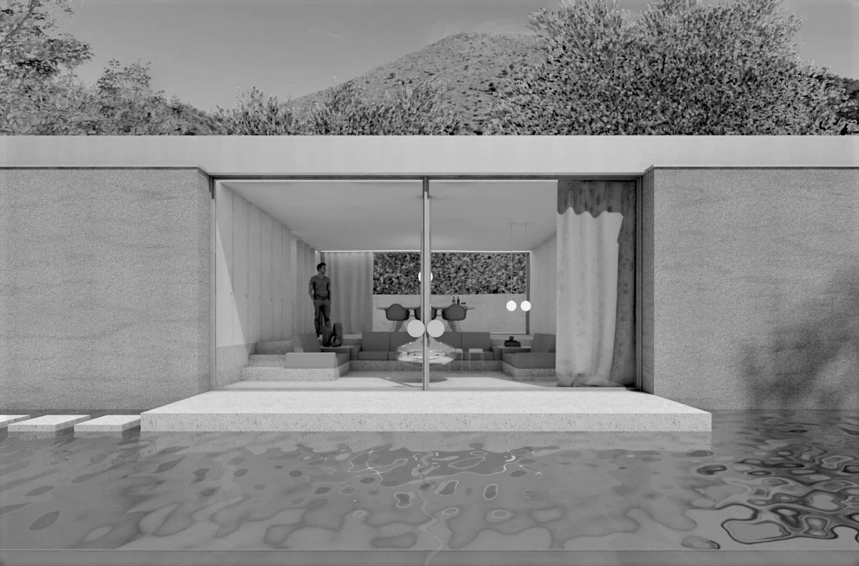 Moderner Wohnbereich mit großen Fenstern, Blick auf Wasser im Vordergrund, person steht im Raum, gemütliche Sitzecke, Minimalistisches Design