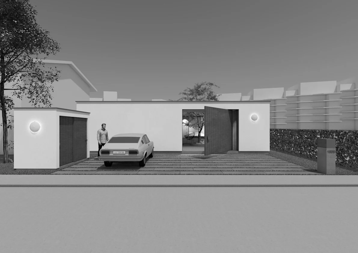 Moderne weiße Hausfassade mit offener Holztür, grafischem Design, Parkplatz mit einem Auto, Mensch neben Garage, Bäume und Pflanzen im Hintergrund, modernes Umfeld.