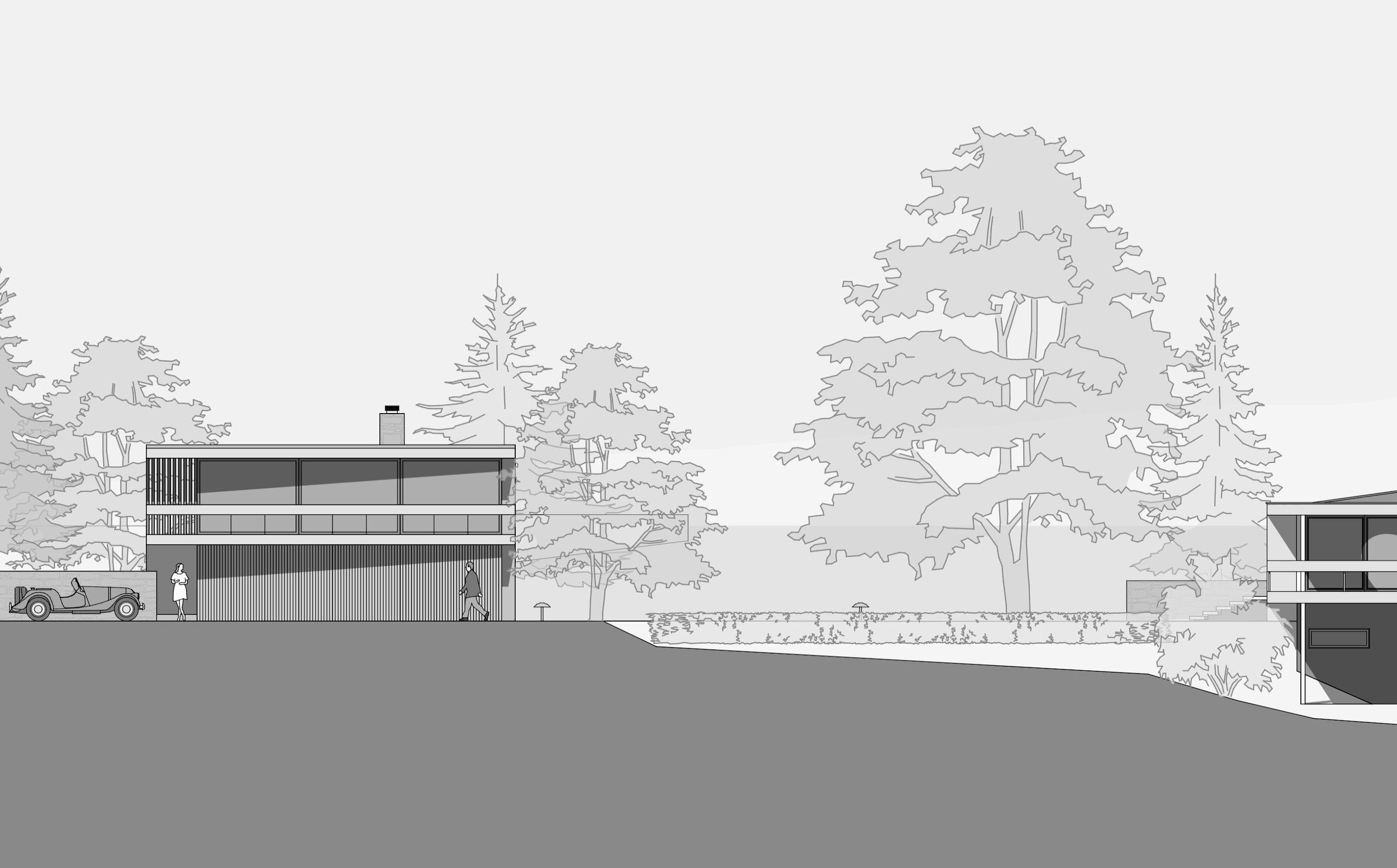 Architekturzeichnung eines modernen Hauses im Landschaftsdesign mit Bäumen, einem Auto und zwei Personen im Vordergrund.