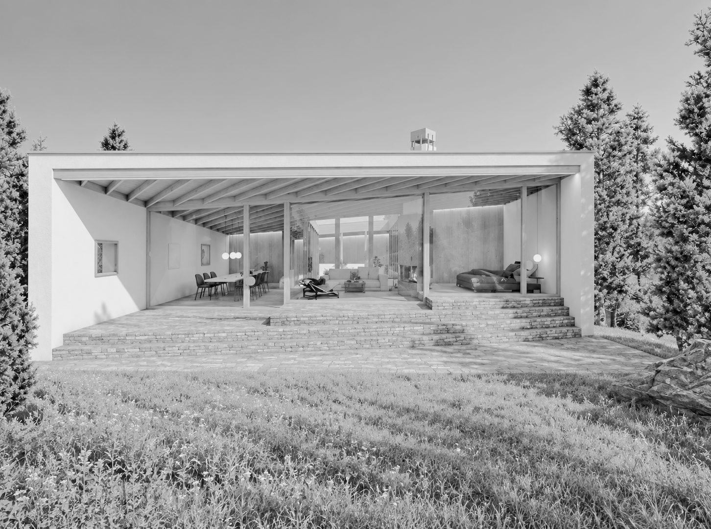 Moderne Einfamilienhaus mit großen Glasfenstern, einer Terrasse aus Steinplatten und umgeben von Bäumen.