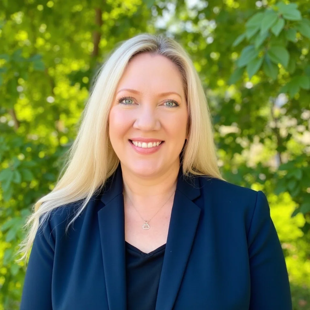 A woman with long blonde hair, wearing a dark blazer and a necklace, smiling outdoors with green trees in the background.