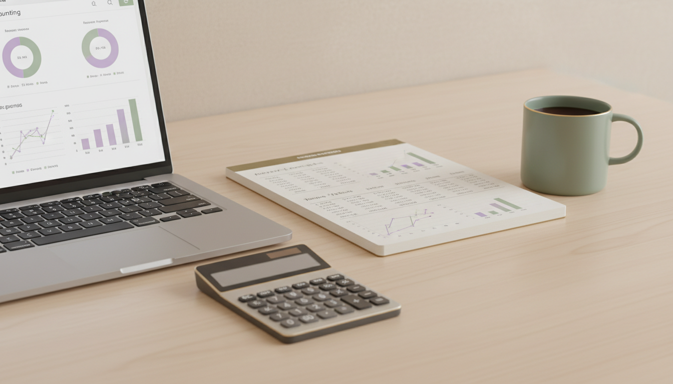 Laptop displaying charts and graphs, printed reports with data, a calculator, and a coffee mug on a wooden desk, suggesting a workspace or office setting.