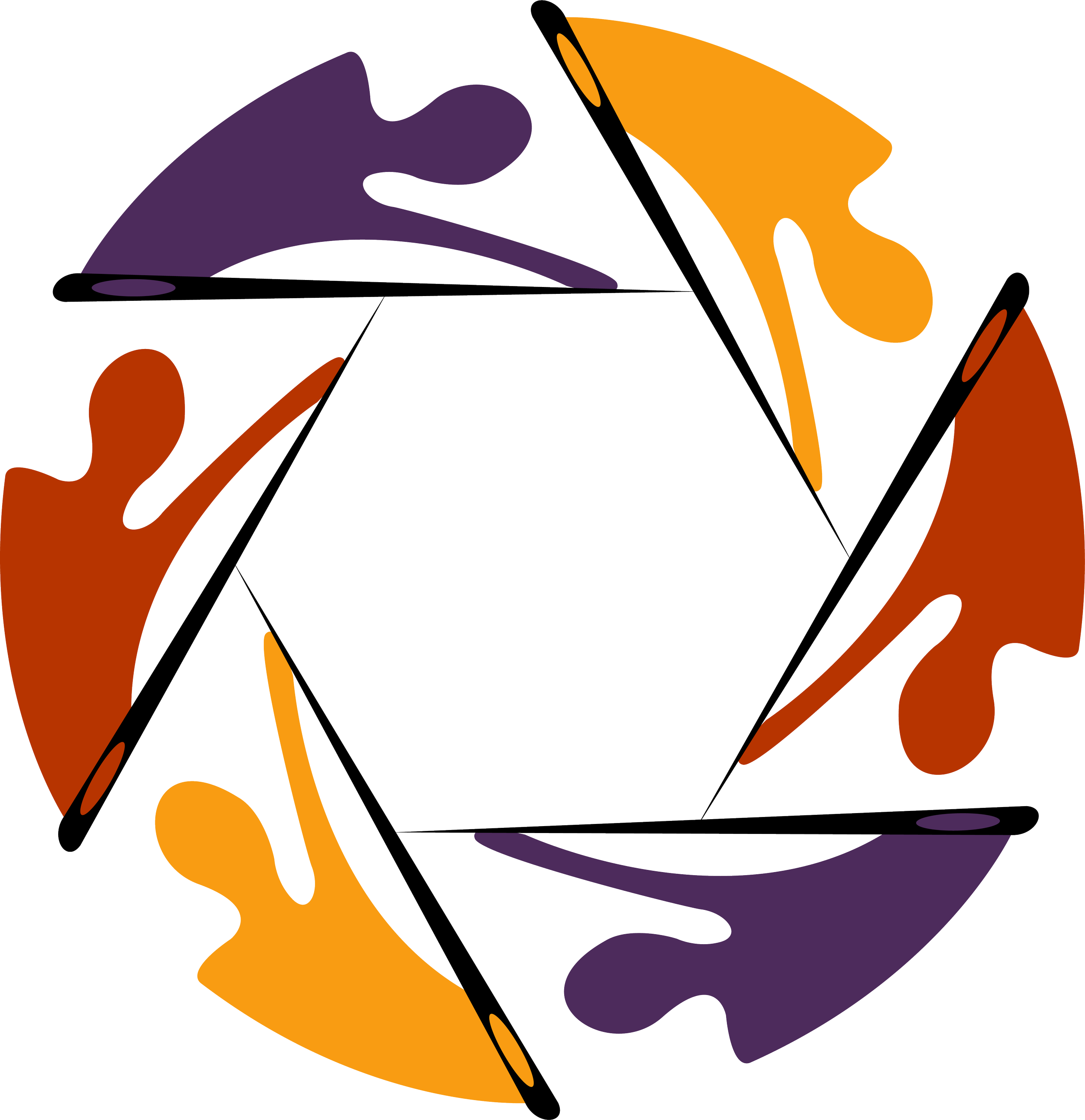 Circular art with orange, purple, and brown figures holding needles in a hexagon, forming the iris of a camera.