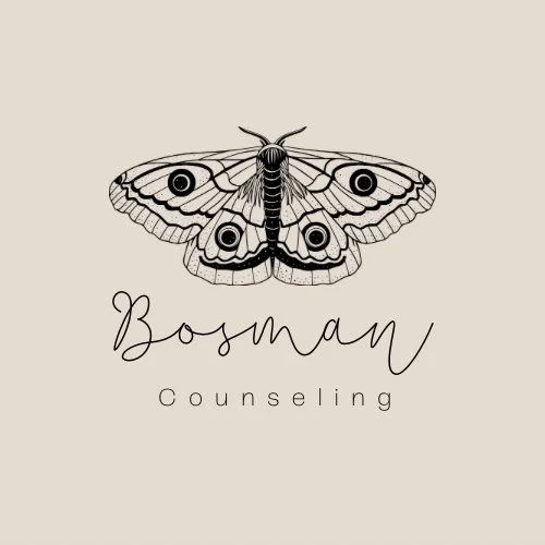 A sketch of a butterfly with large eyes on its wings, with the words "Bosman Counseling" written below.