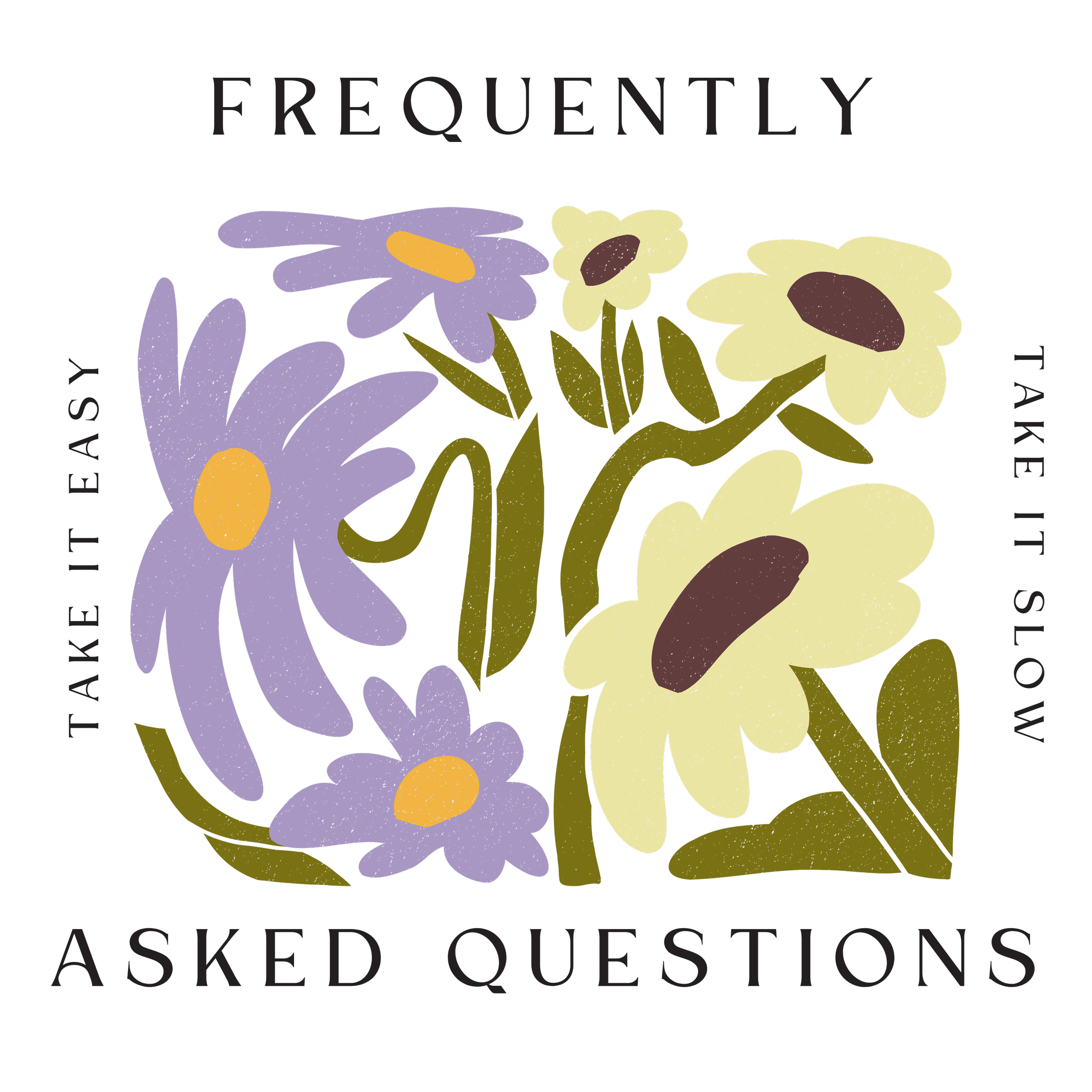 Illustration of purple and yellow daisies with surrounding text that reads, "Frequently asked questions, take it slow, take it easy."