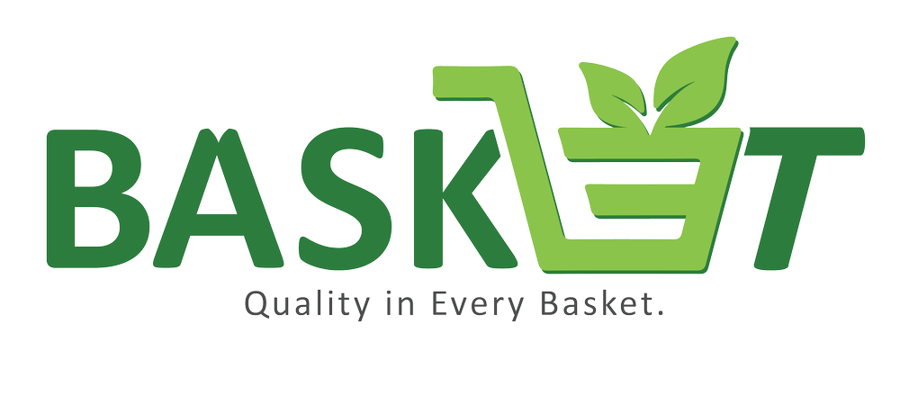 The Basket logo: green BASKET wordmark, the E drawn as a shopping basket with two leaves, tagline “Quality in Every Basket.”