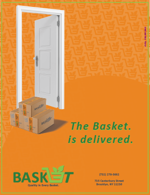 An open white door with a few cardboard baskets labeled 'Basket' next to it against an orange background. Text reads 'The Basket is delivered.' its a basket of vivfty ideas.