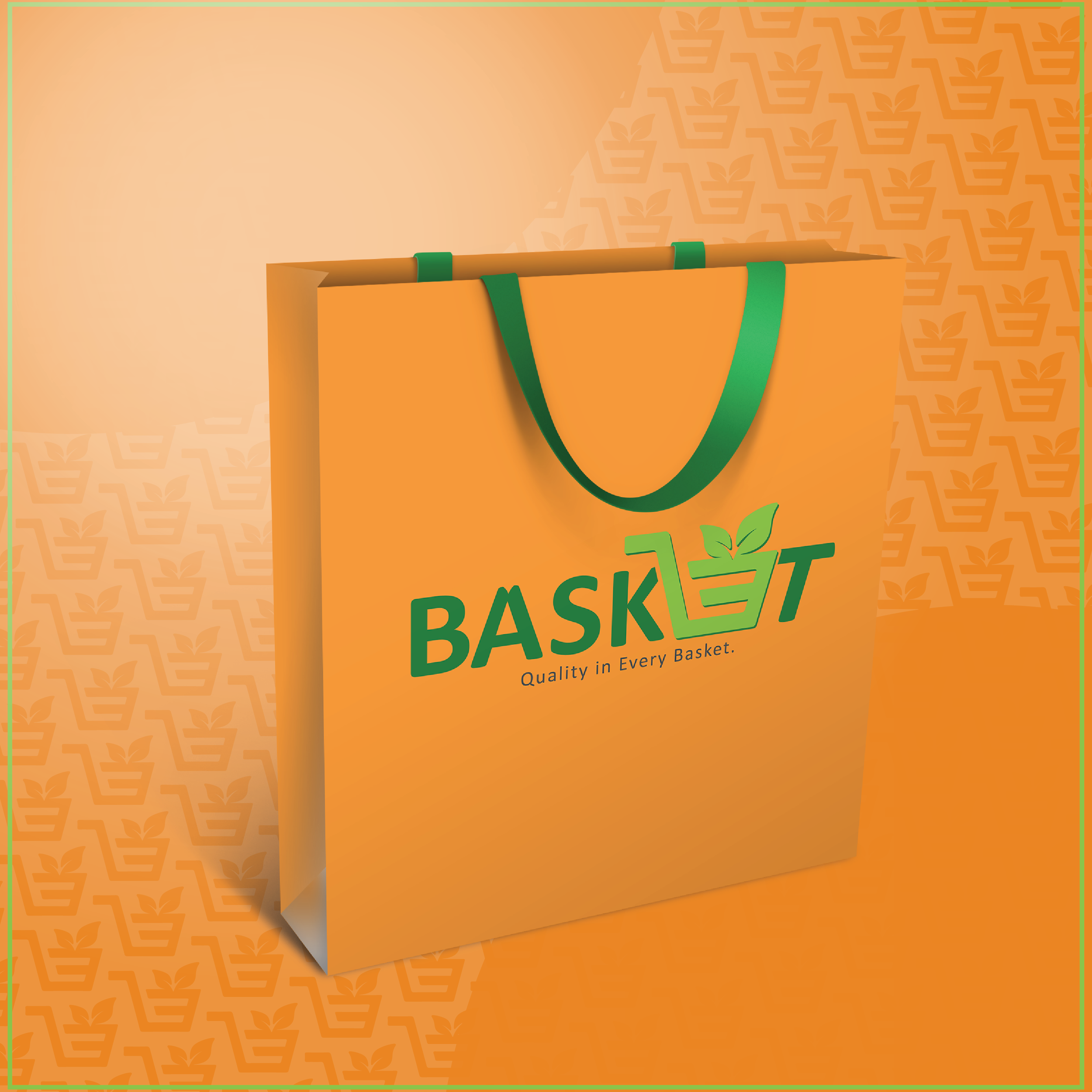 Orange shopping bag with green handles and green logo that reads 'BASKET' with a leaf design and slogan 'Quality in Every Basket.' made by vivfty!
