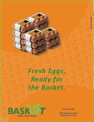 Three stacks of cartons of fresh eggs on an orange background with green text that reads "Fresh Eggs, Ready for the Basket" and a BASKET logo with contact details. made by vivfty!