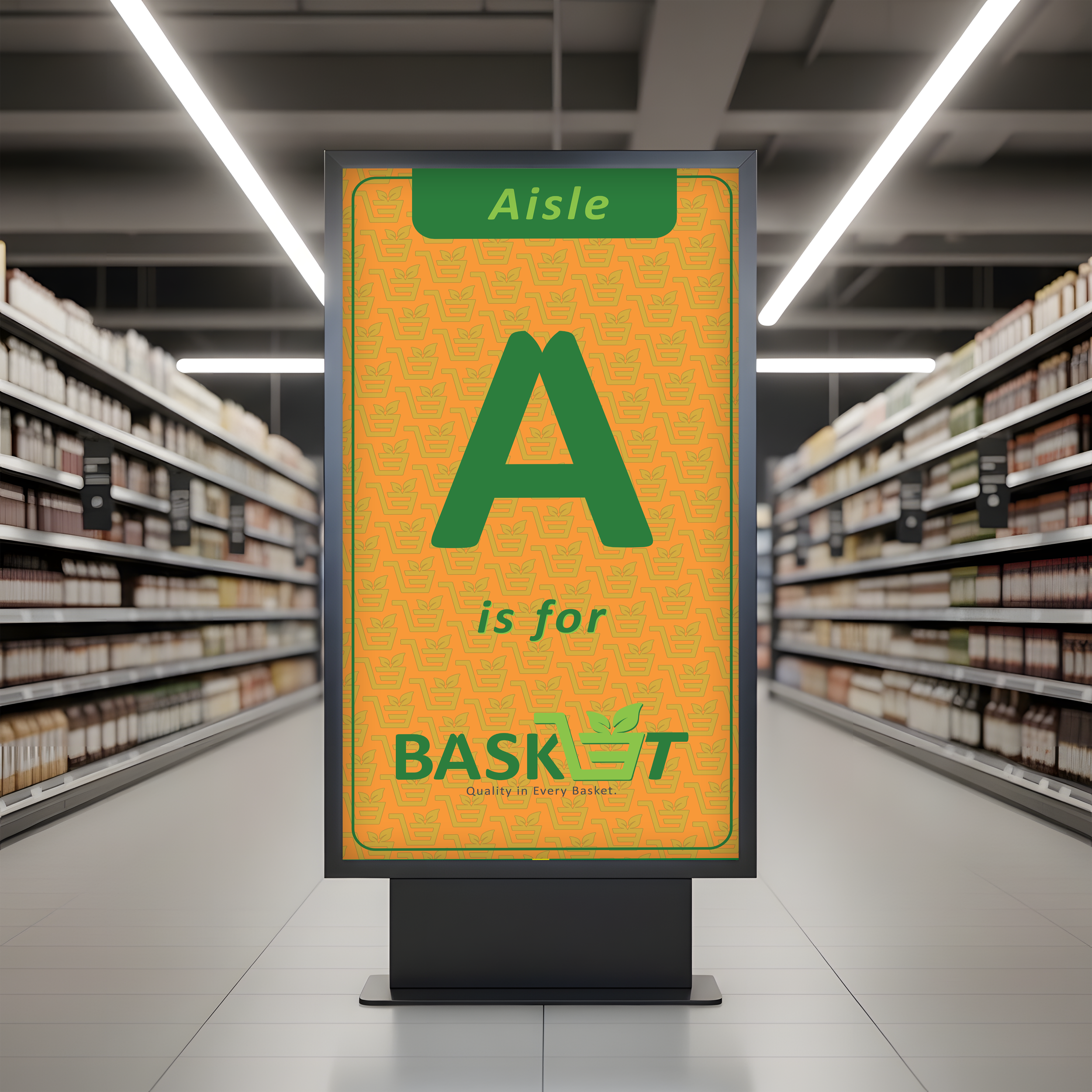 A bright, colorful store sign that says 'A is for Basket' with a large letter 'A' and a basket icon, located in an aisle of a modern library or bookstore with shelves of books on either side. made by vivfty!