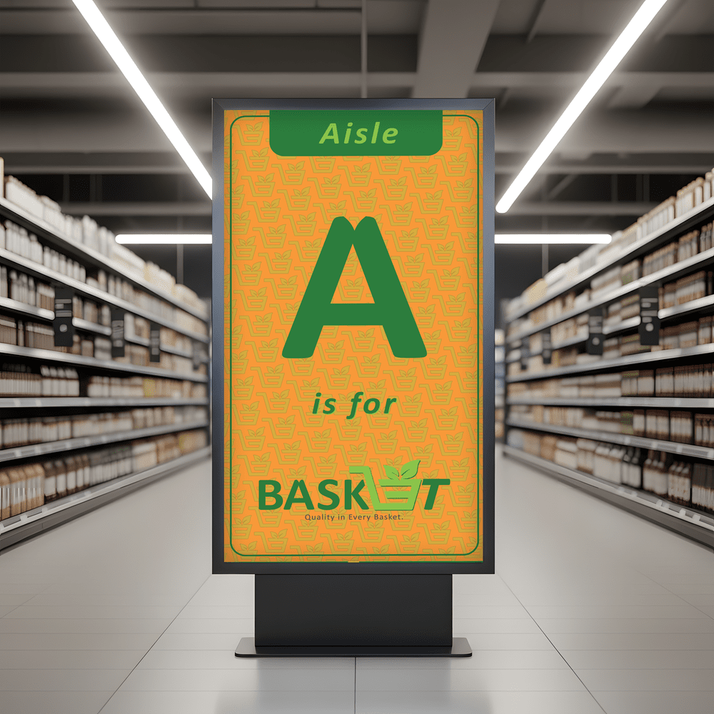 Aisle sign reading “A is for Basket” with a large letter A and a basket icon.