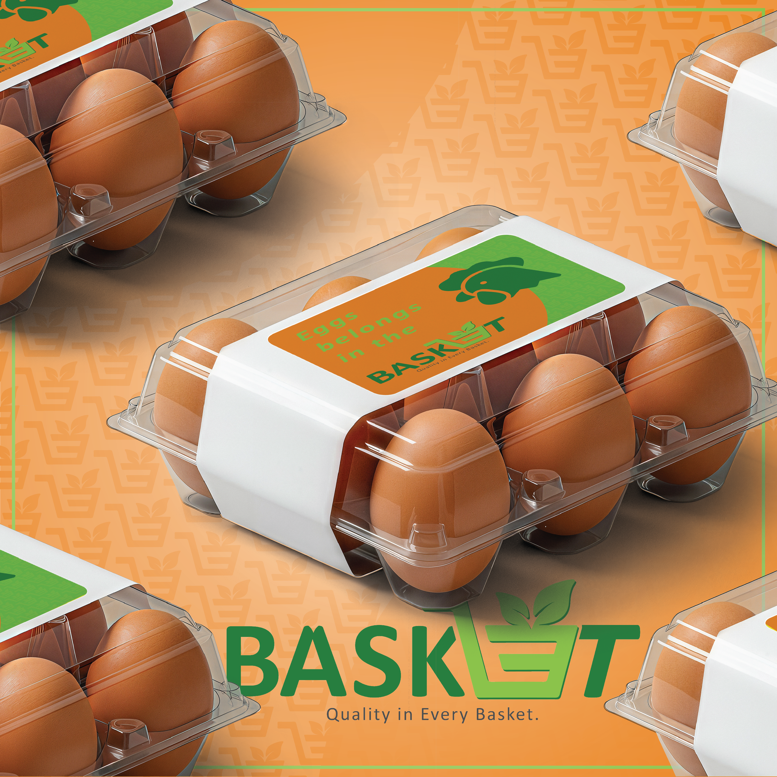 Several cartons of brown eggs are displayed, with one carton in the foreground labeled "Eggs belong in the Basket" and featuring a green basket logo. The background has an orange pattern with a green and orange theme and a large logo reading "BASKET" with a slogan "Quality in Every Basket."