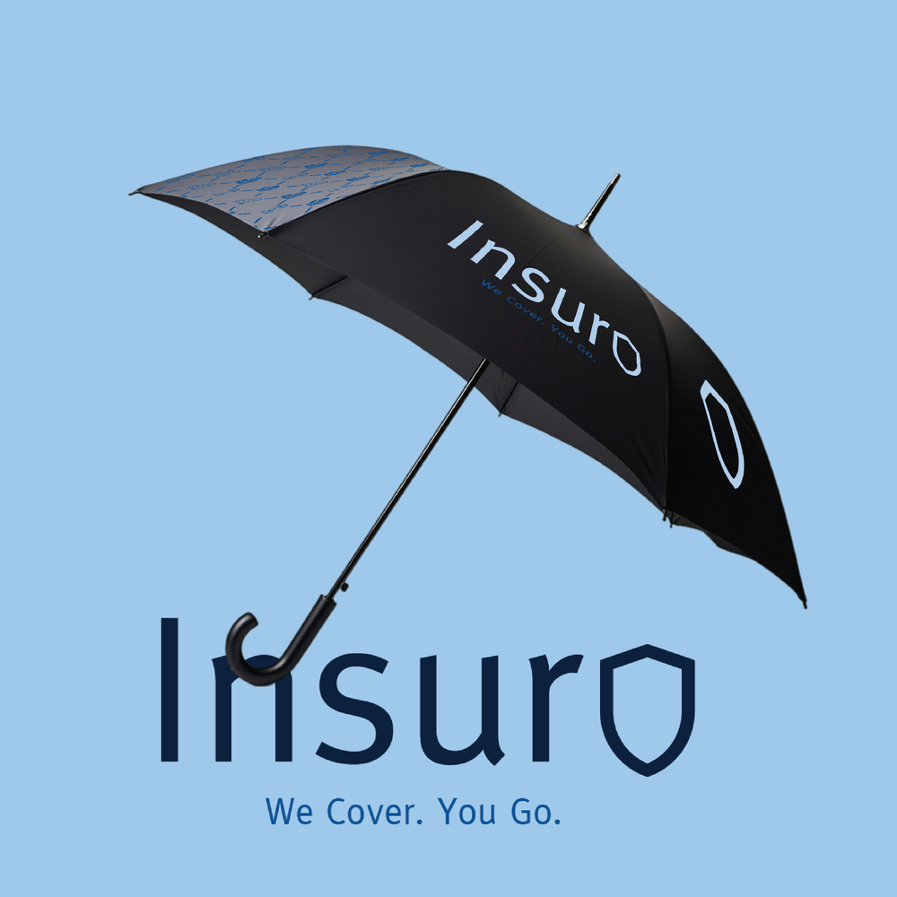 Black umbrella printed with the Insuro name and the slogan “We Cover. You Go.” on a light blue background.