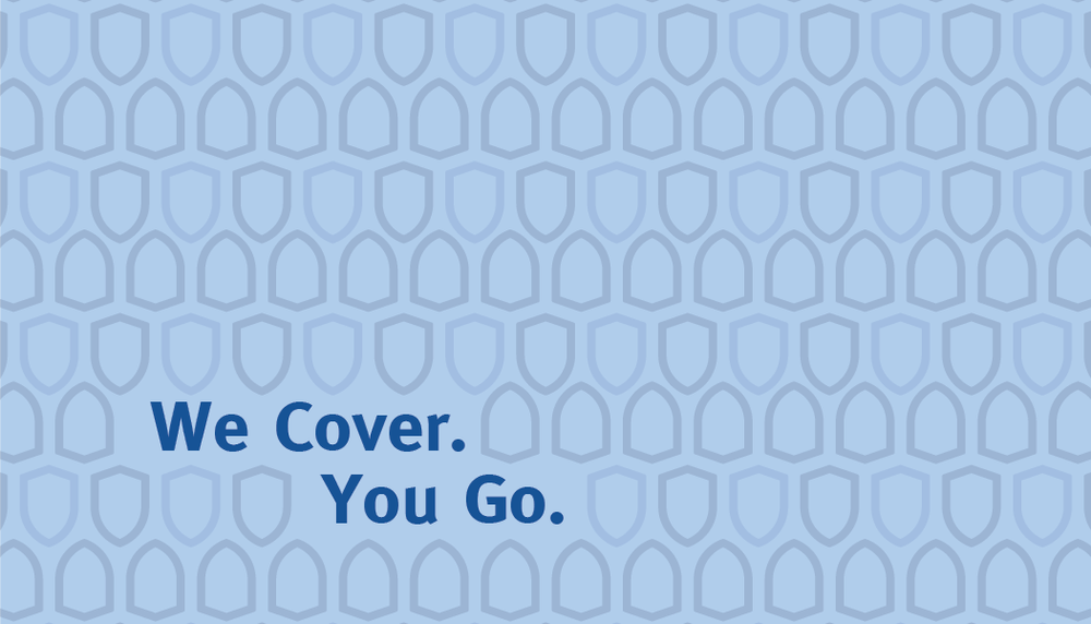 Insuro card back: a blue repeating pattern with “We Cover. You Go.” in dark blue letters.