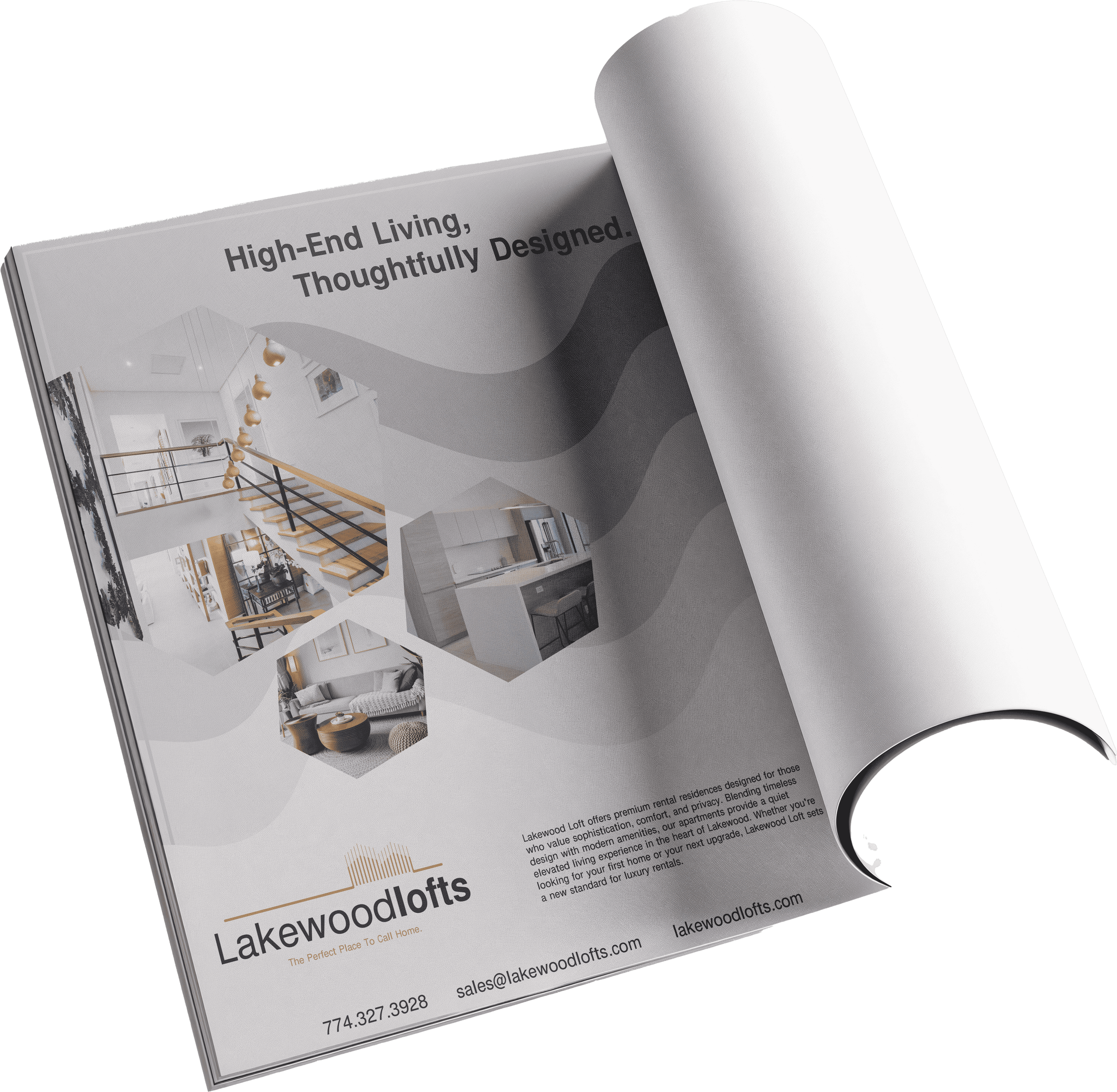 Open magazine featuring Lakewood Lofts advertisement, showcasing modern interior images and contact information.made by vivfty!