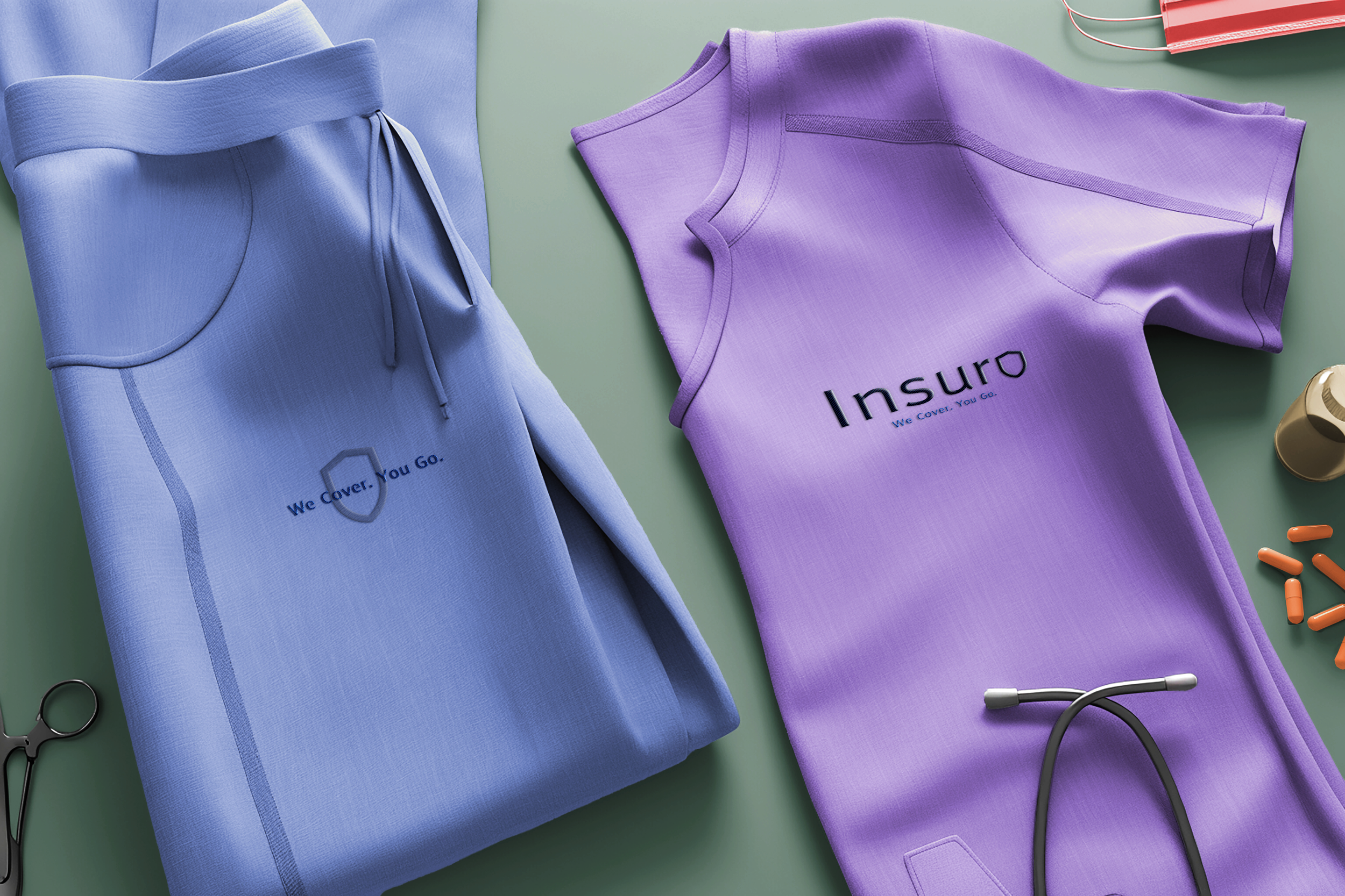 Folded blue hoodie with logo and slogan, purple tank top with logo, scissors, stethoscope, capsules, and medication bottle on green background, suggesting medical or protective clothing and health-related items. made by vivfty!