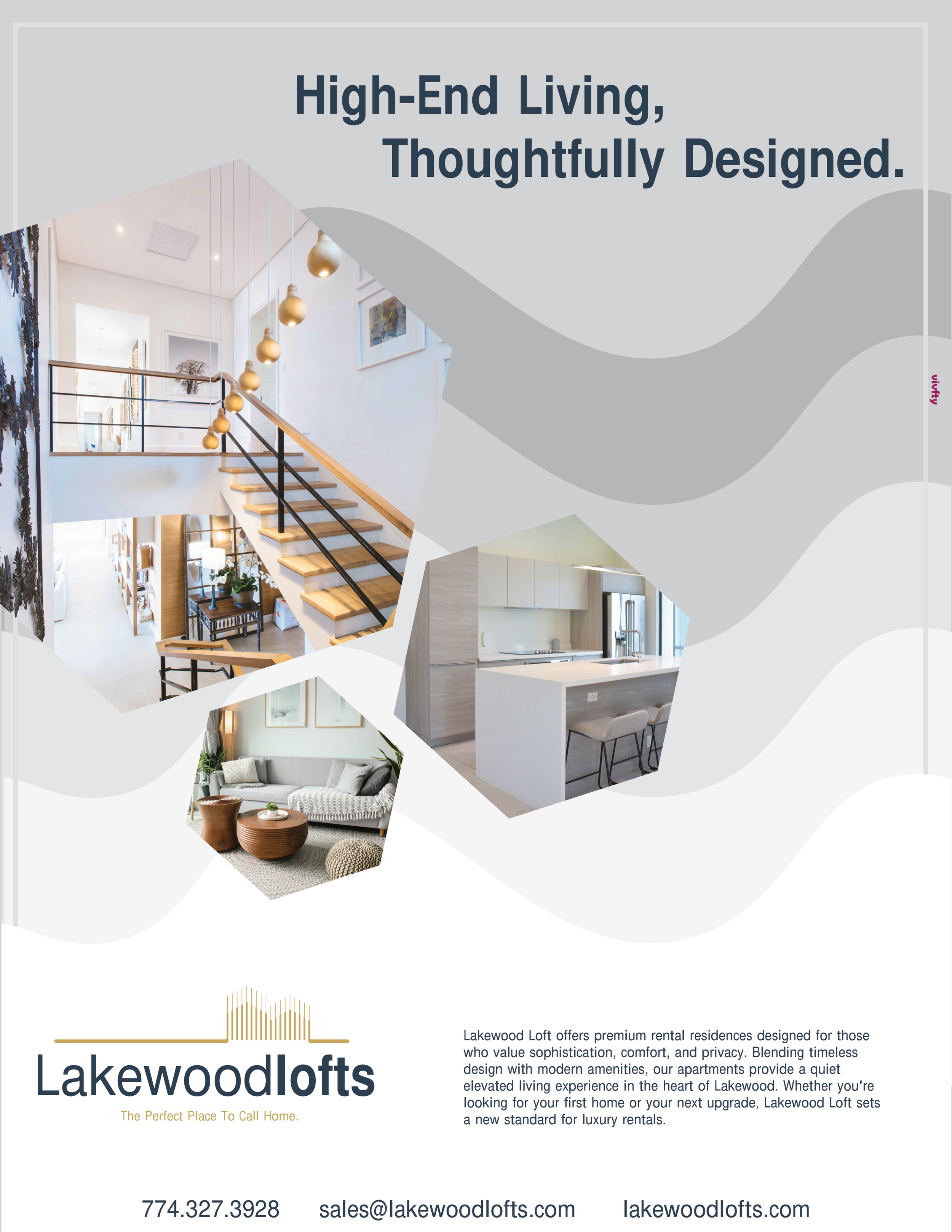 Advertisement for Lakewood Lofts offering high-end, thoughtfully designed rental residences, featuring images of a staircase, a modern kitchen, and a living room. made by vivfty!