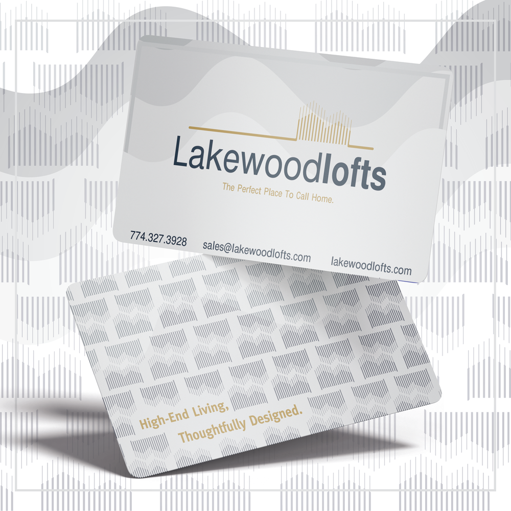 Business card and promotional card for Lakewood Lofts featuring the logo, contact information, and marketing slogan. yes!  built by Vivfty.