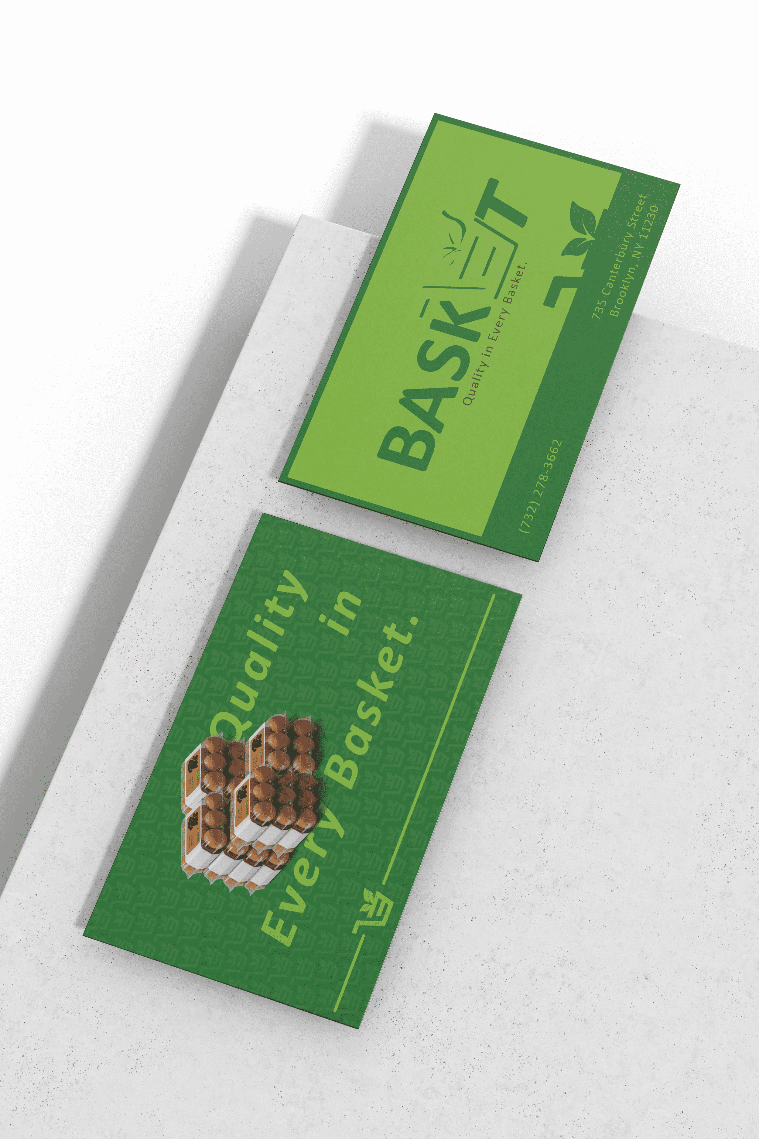 Business cards with a green color theme featuring the text "Every Quality in Basket" and "Basket" along with a stylized basket logo. made by vivfty!