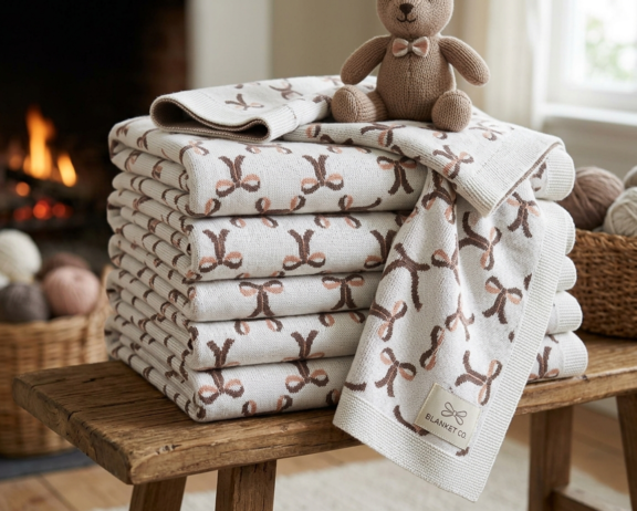 A stack of folded Throws & Coze blankets.
