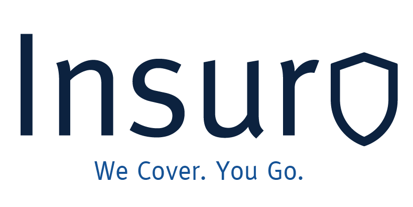 Insurance company logo with the word 'insuro' and a shield icon, followed by the slogan 'We Cover. You Go.' made by vivfty!
