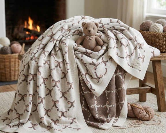 A soft cream knit blanket with the Throws & Coze logo.