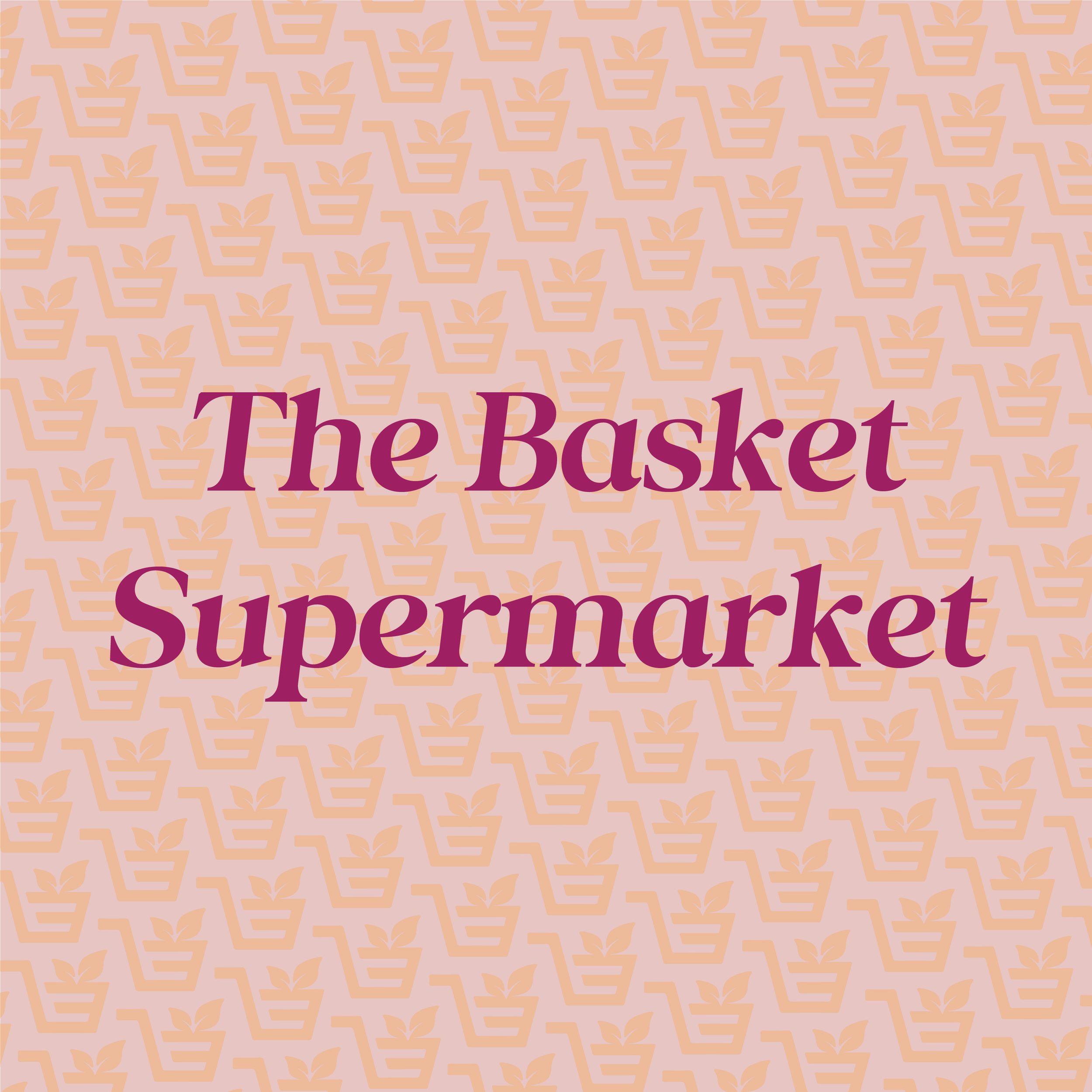Text reading 'The Basket Supermarket' on a peach-colored background with a pattern of shopping baskets and leaves. yes!  built by Vivfty.