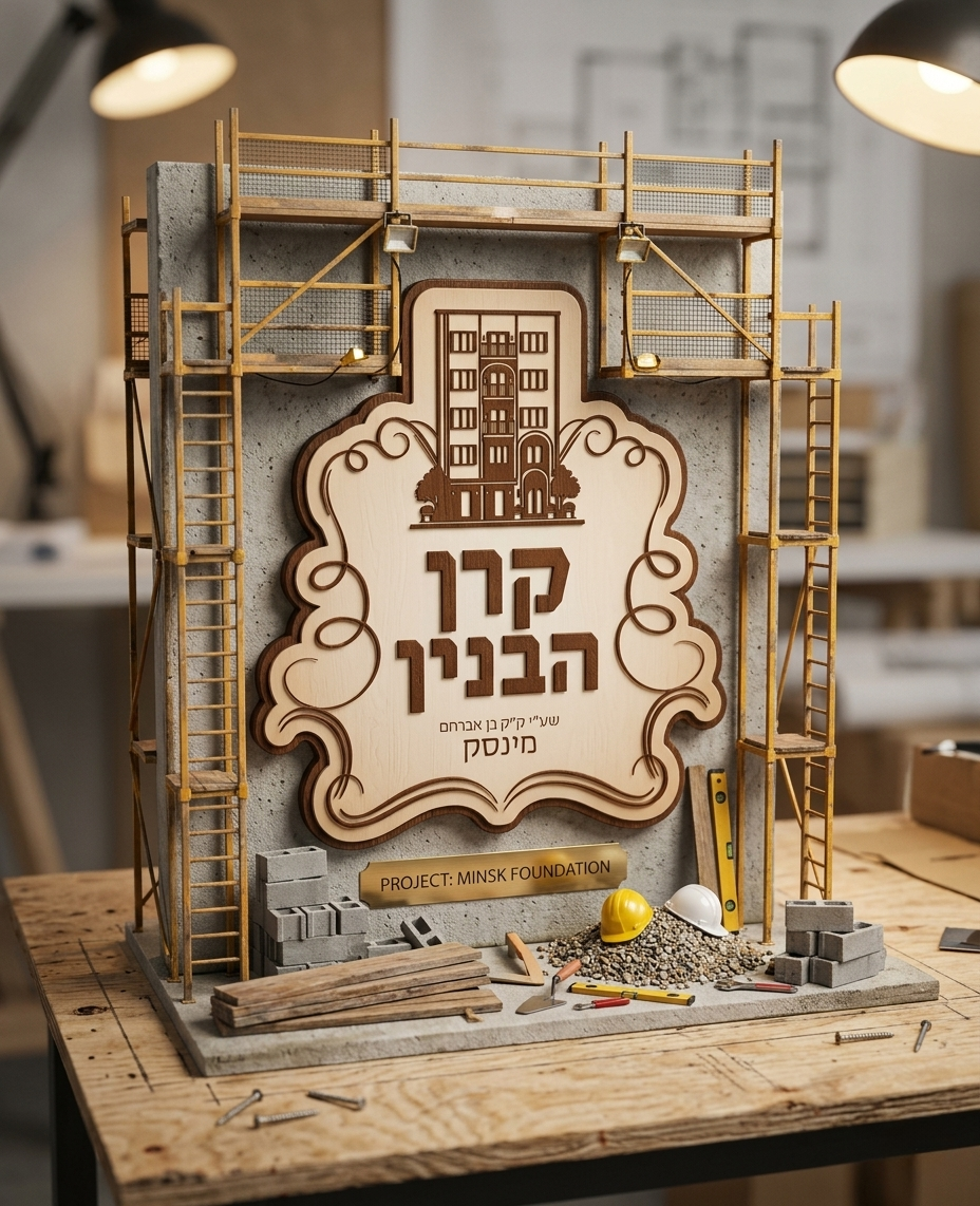 Drawn 3D Keren Habinyan sign in front of scaffolding at the new Minsk Beis Hamedresh.