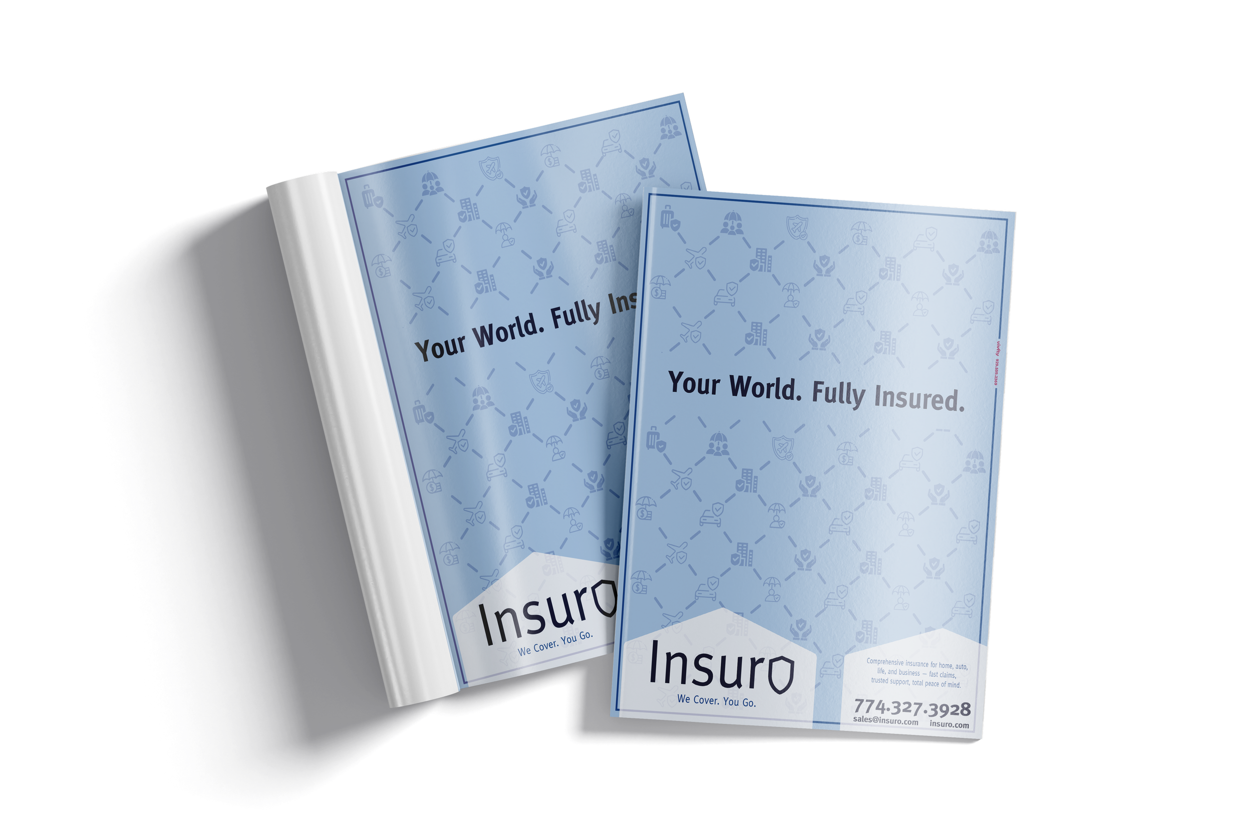 Open booklet displaying insurance company's branding and contact information, with the slogan 'Your World. Fully Insured.' cuz a Brand goes with vivfty!