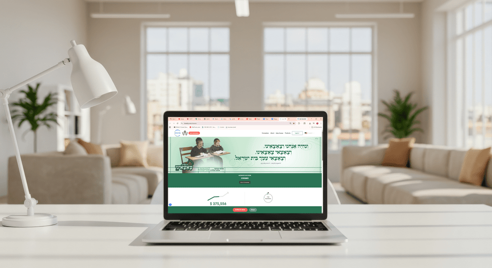 A laptop on a desk showing the Skwere campaign donation platform banner.