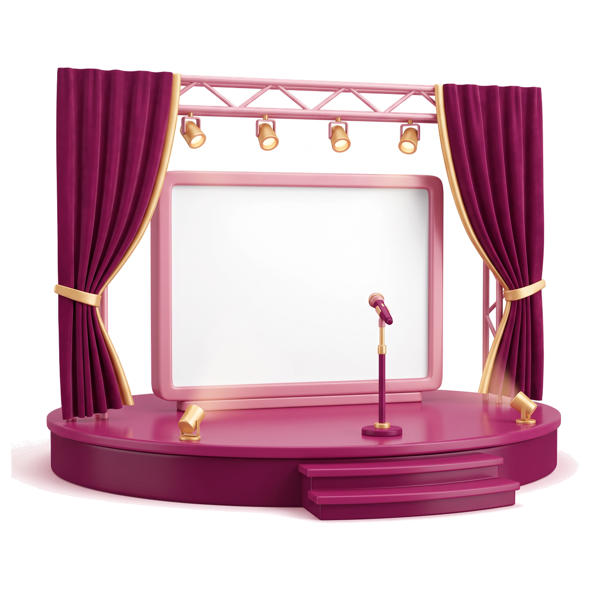 Drawing of a camp stage with curtains, lights and a big backdrop sign
