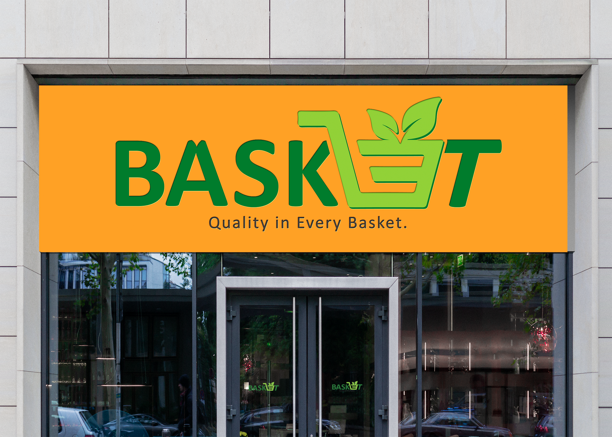 Storefront sign for Basket with orange background, green text, and a shopping basket logo with leaves, displaying the tagline "Quality in Every Basket." made by vivfty!
