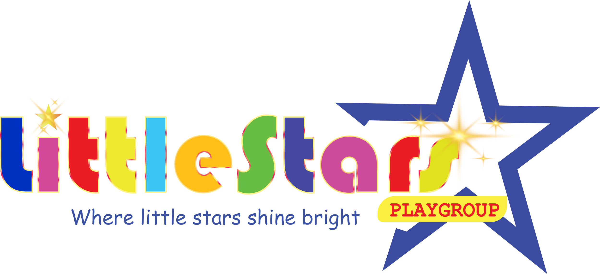 Colorful logo for Little Stars Playgroup with the tagline 'Where little stars shine bright' and a large blue star with yellow accents on the right side. Born with vivfty!