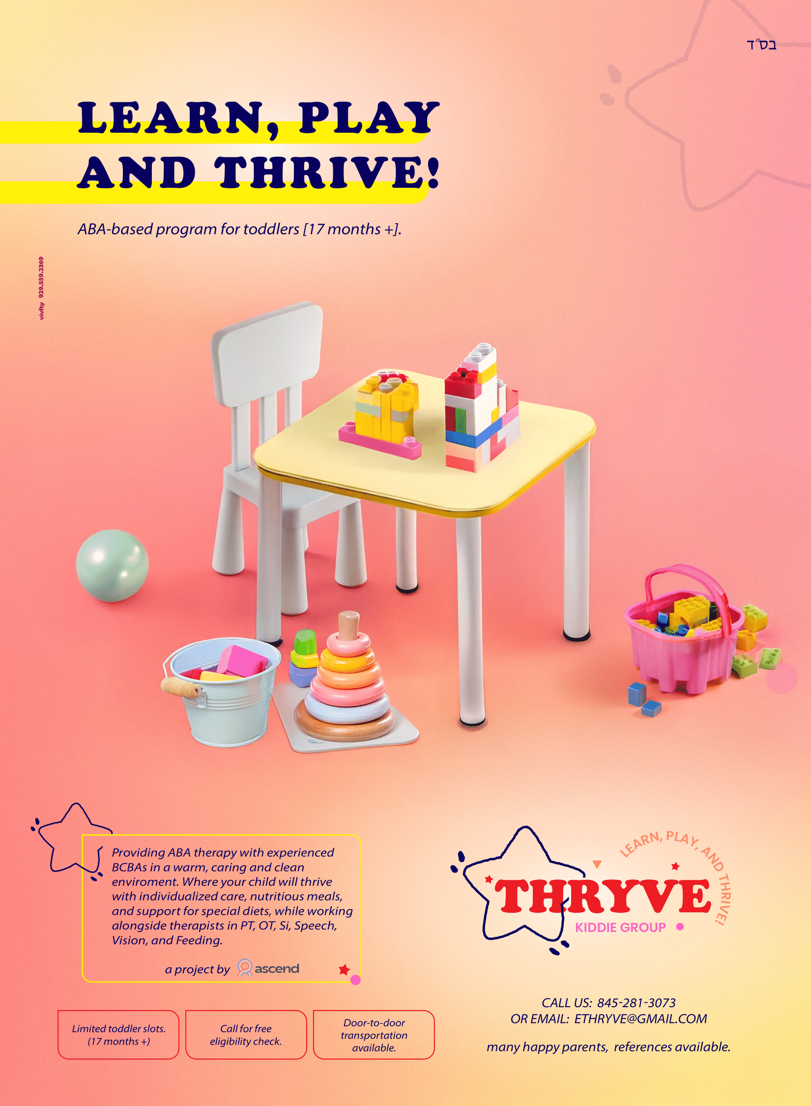 Advertisement for a toddler therapy program called THRYVE, featuring a pink background, a small yellow table with building blocks on top, a white chair, a blue ball, and various toys including a stacking ring toy and a basket of blocks. by vivfty.