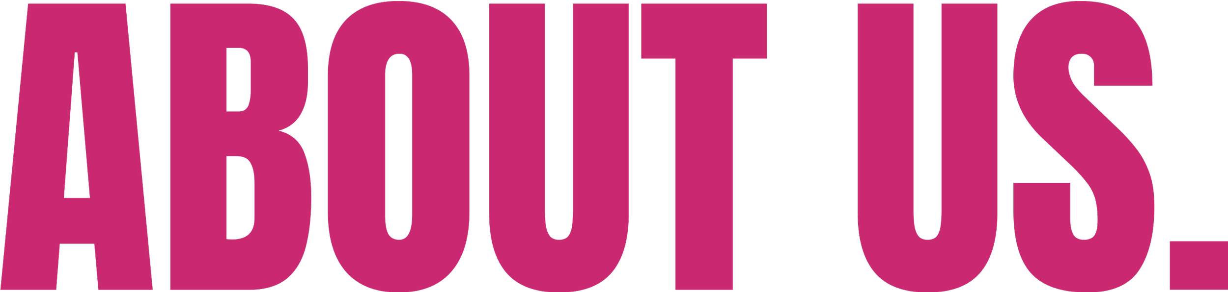 The words 'ABOUT US' in large, bold pink text on a black background.