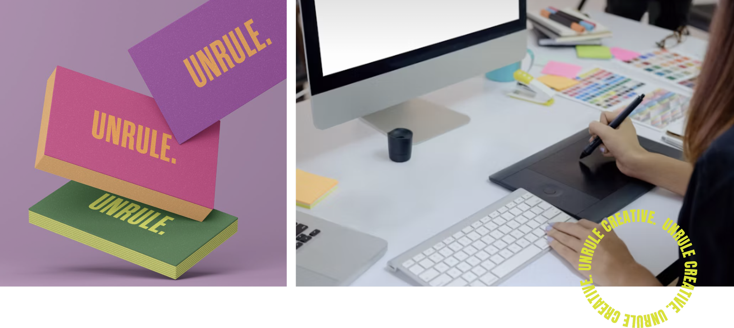 A computer on a desk with sticky notes and color swatches, and a person using a graphics tablet, working on digital art or design.