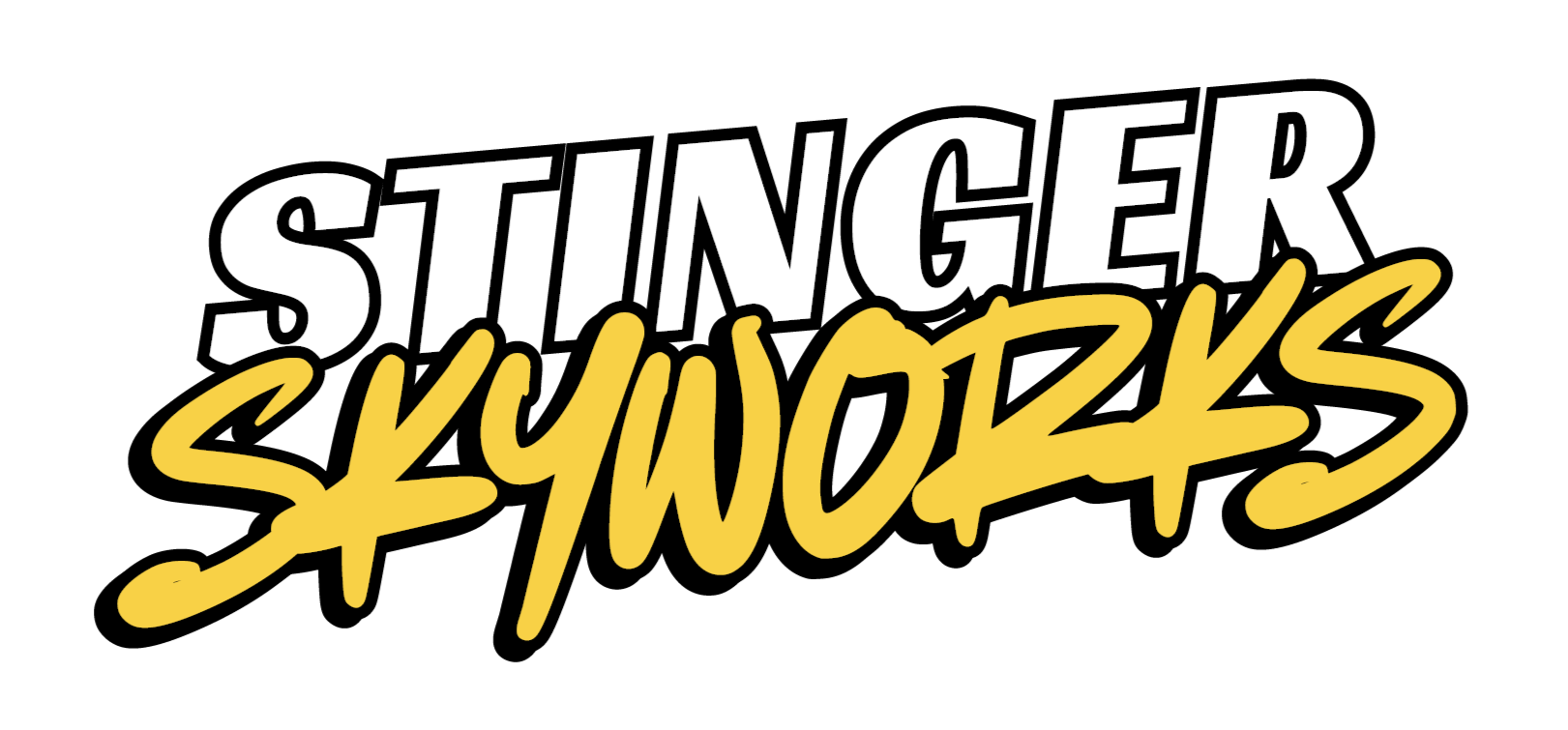 Logo of the band Stinger Skyworks, with black background, white and yellow stylized text.