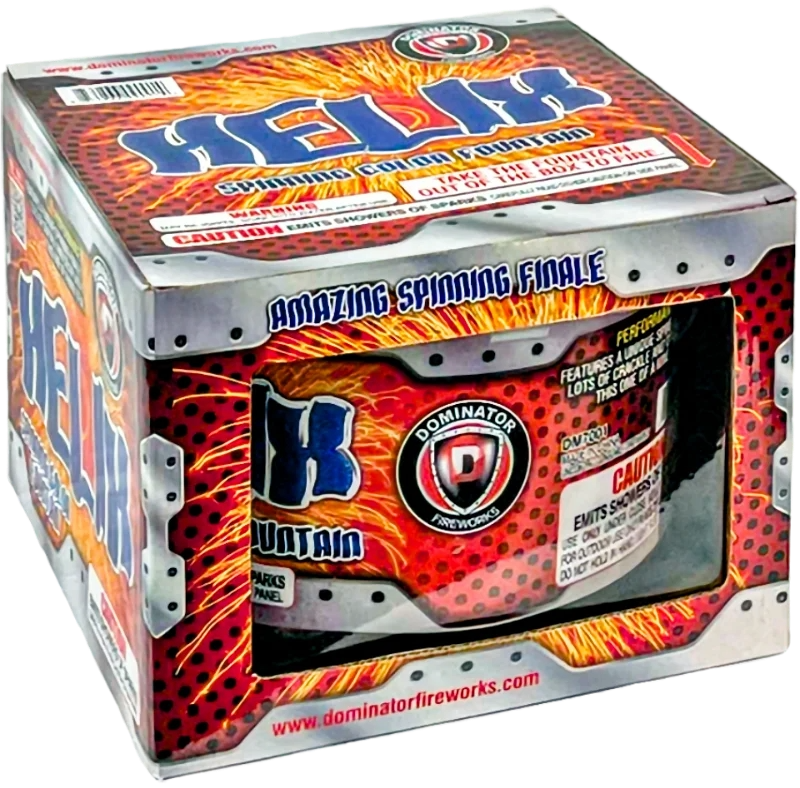 A fireworks box labeled "HELIX" with flames and firework graphics, featuring a view of a firework inside labeled "Dominator Fireworks" and promotional text on packaging.