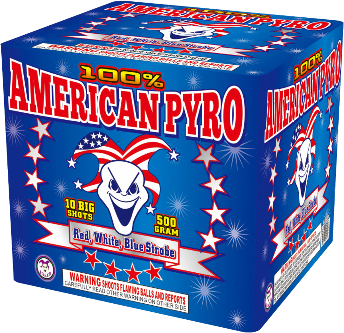 Box of American pyrotechnic fireworks labeled '100% American Pyro' with a smiling skull wearing a patriotic hat, surrounded by stars and fireworks, indicating '10 big shots' and '500 gram', with a warning label about flames and reports.