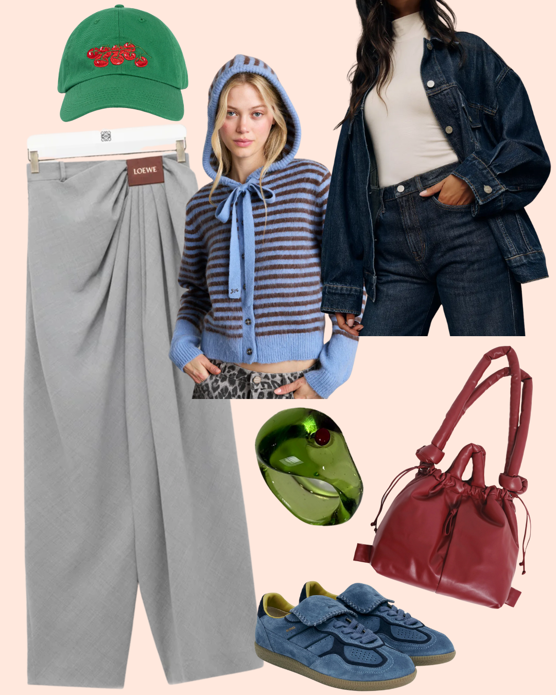 Fashion collage featuring a green cherry embroidered cap, light gray pleated trousers from Loewe, a woman with blonde hair wearing a blue and brown striped hoodie, a woman with dark hair in a denim jacket and white top, blue sneakers, a red leather handbag, and a green glass art piece.