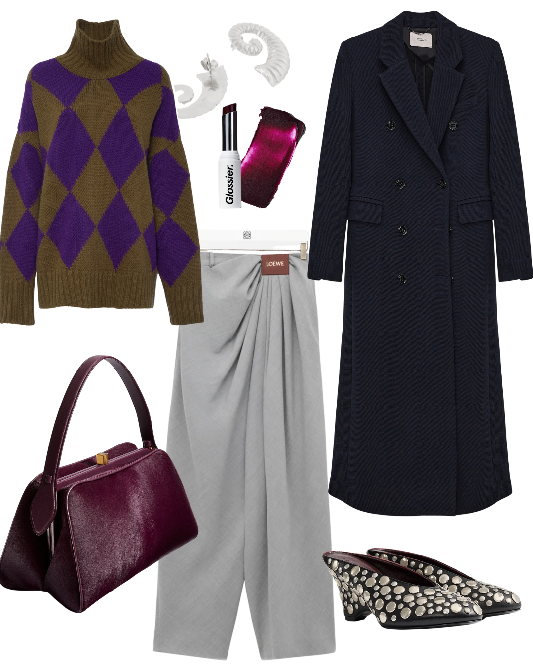 Women's fall outfit includes a purple and olive argyle sweater, a navy double-breasted overcoat, light gray pleated trousers, black and white polka dot pointed shoes, a burgundy handbag, matching lipstick and lipstick case, a metallic clutch, and a lip gloss.
