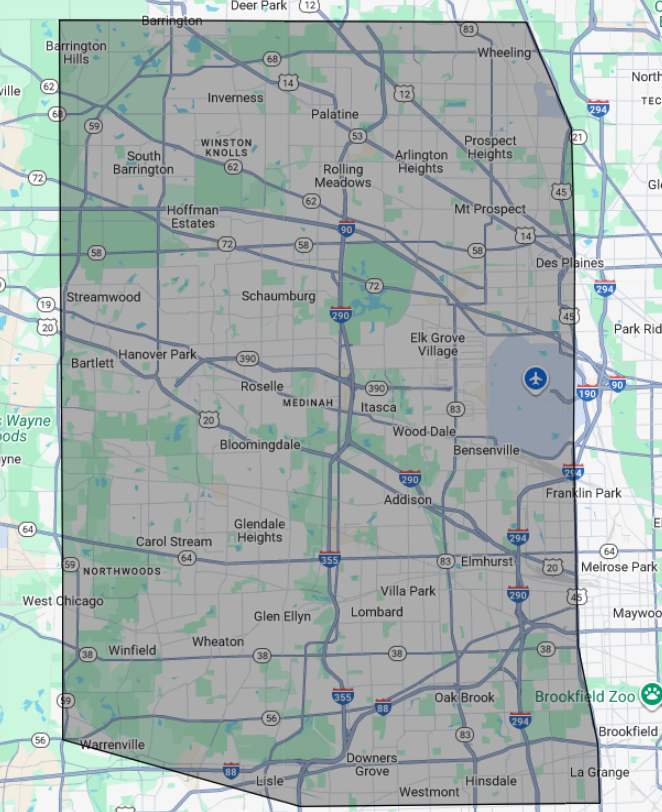 Service area map showing Metro Vending Solutions coverage around Chicago and the northwest suburbs.