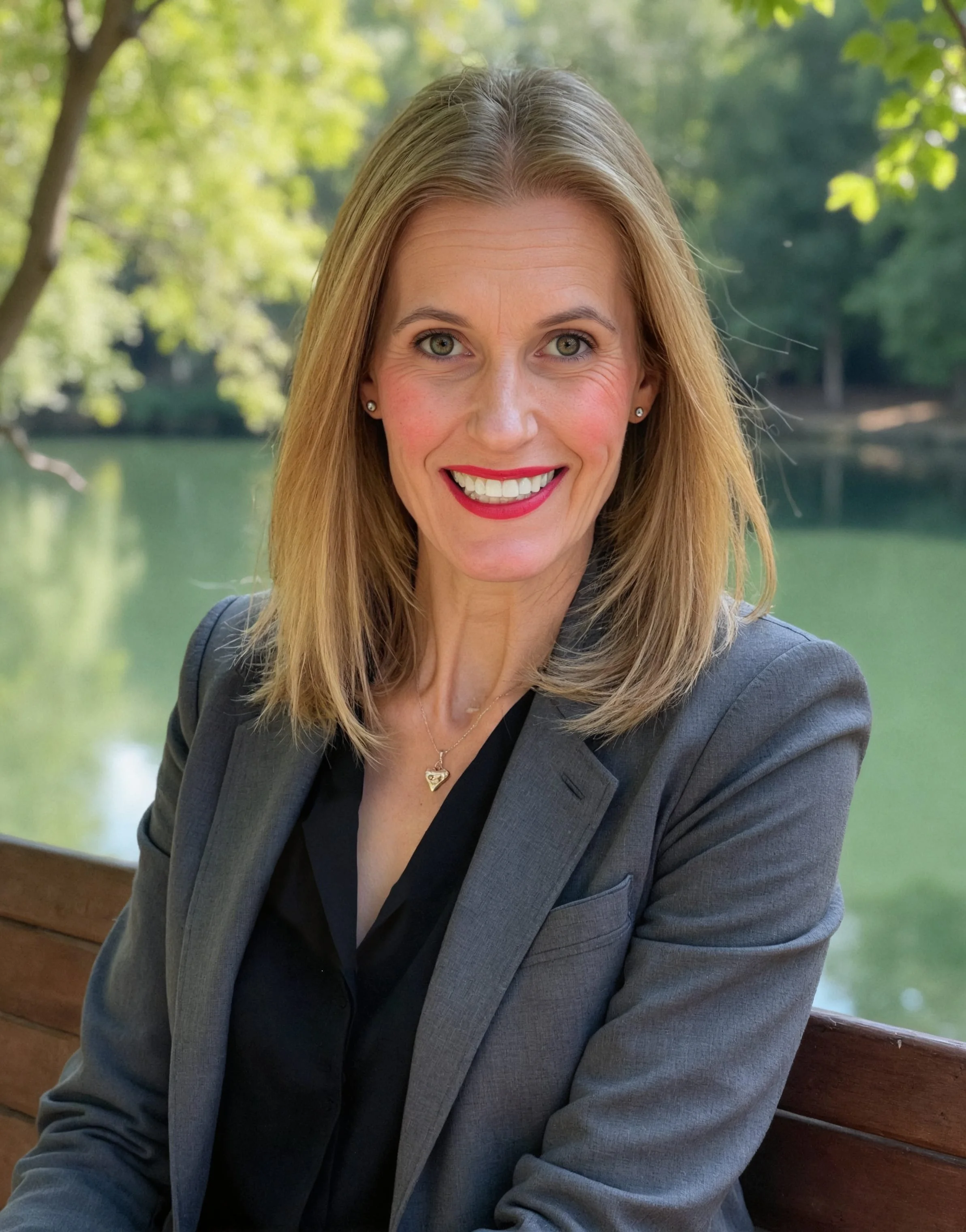 Headshot of Alexis, smiling, in gray suit jacket with back dress shirt, gold necklace sitting on a bench with pond and trees in background.