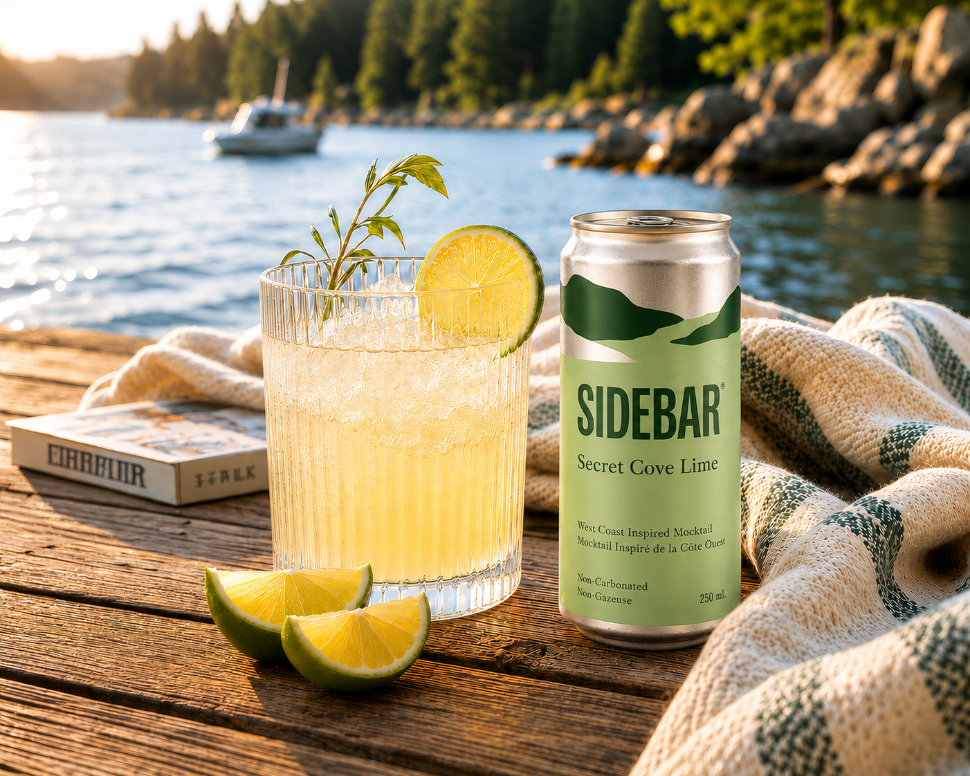SideBar® Secret Cove Lime can, next to a cocktail tumbler of SideBar® Secret Cove Lime over ice and garnished with lime slice and a sprig of rosemary. On a wooden table, overlooking a rocky coastline and cove with a boat.