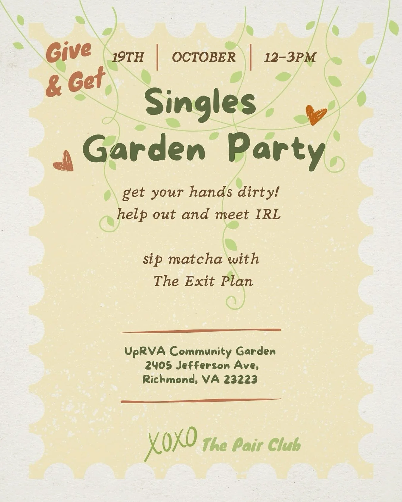 ✨ GIVE &amp; GET ✨
 A singles garden party!!! We think real relationships grow from the ground up 🌿 and take work😉
We&rsquo;re teaming up with @meddo_co + @findyourexitplan to bring you a feel-good Sunday of garden cleanup, matcha-fueled mingling, 