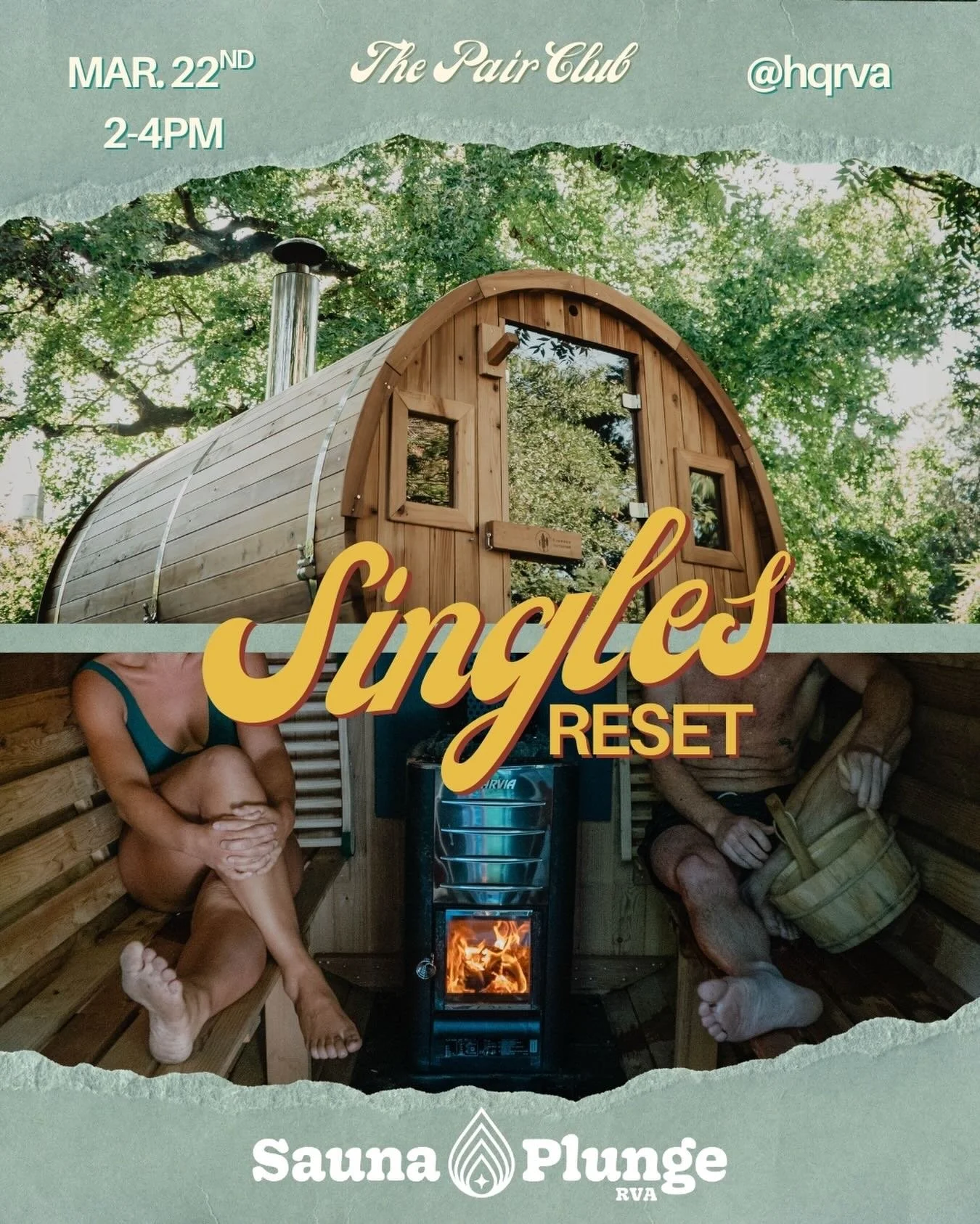 🔥🧊SINGLES RESET DAY🧊🔥

Tired of hot-and-cold behavior on dating apps? Try the healthy version instead: sauna + cold plunge

Join us for a Singles Reset with @saunaplungerva hosted at @hqrva 
✨We&rsquo;ll have two large saunas, cold plunges, a fir